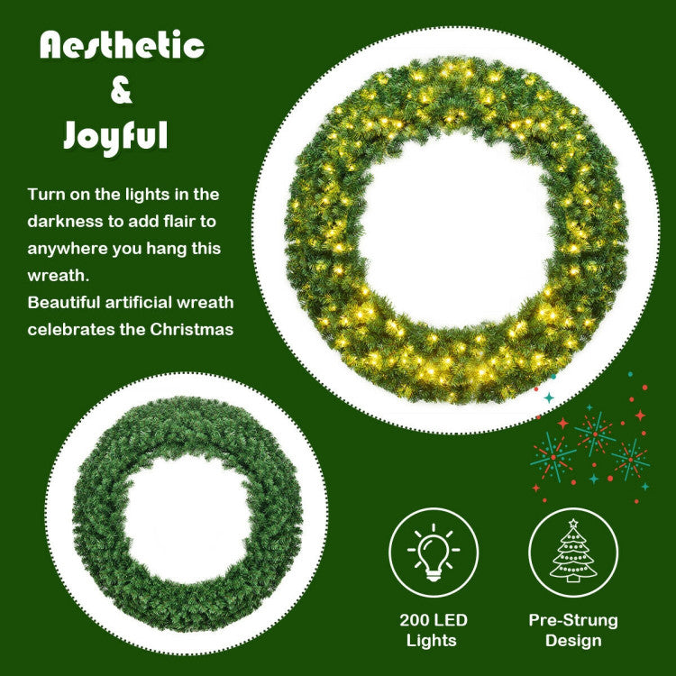 48-Inch Pre-Lit Cordless Artificial Christmas Wreath with LED Lights for Holiday Decor