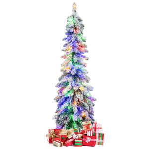 Snow-Flocked Pre-Lit Artificial Christmas Tree - Slim Pencil Design for Xmas Decor