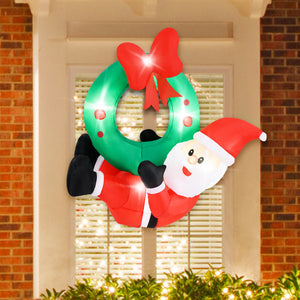 4ft Inflatable Santa Claus Wreath with Red Bow & 5 LED Lights for Holiday Decor