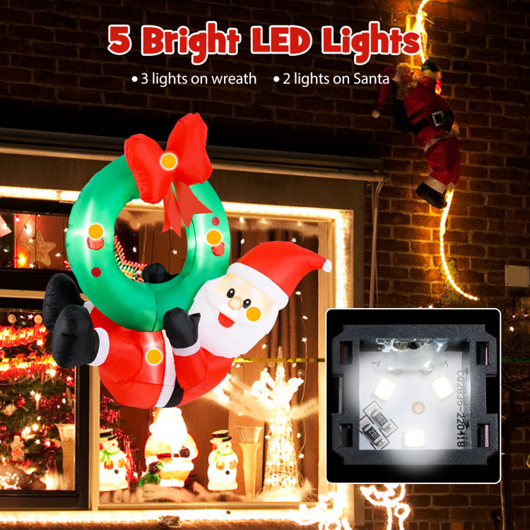 4ft Inflatable Santa Claus Wreath with Red Bow & 5 LED Lights for Holiday Decor