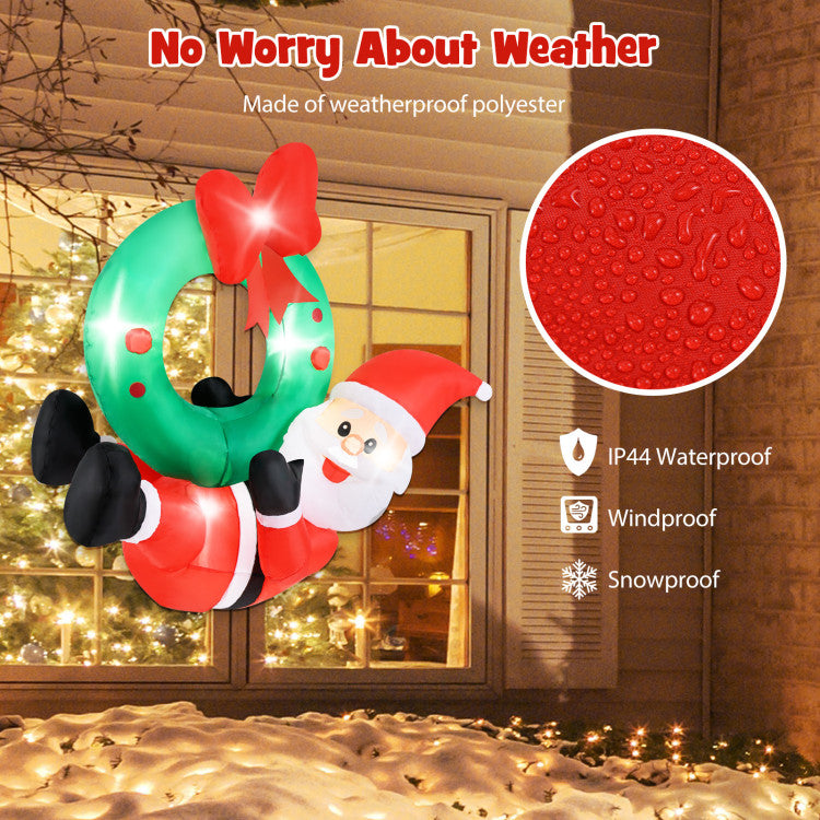 4ft Inflatable Santa Claus Wreath with Red Bow & 5 LED Lights for Holiday Decor