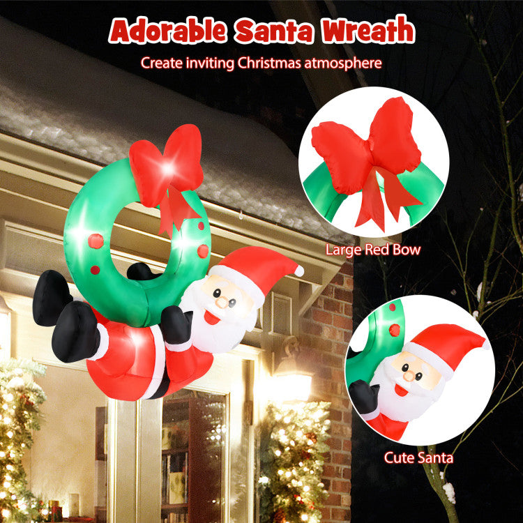 4ft Inflatable Santa Claus Wreath with Red Bow & 5 LED Lights for Holiday Decor