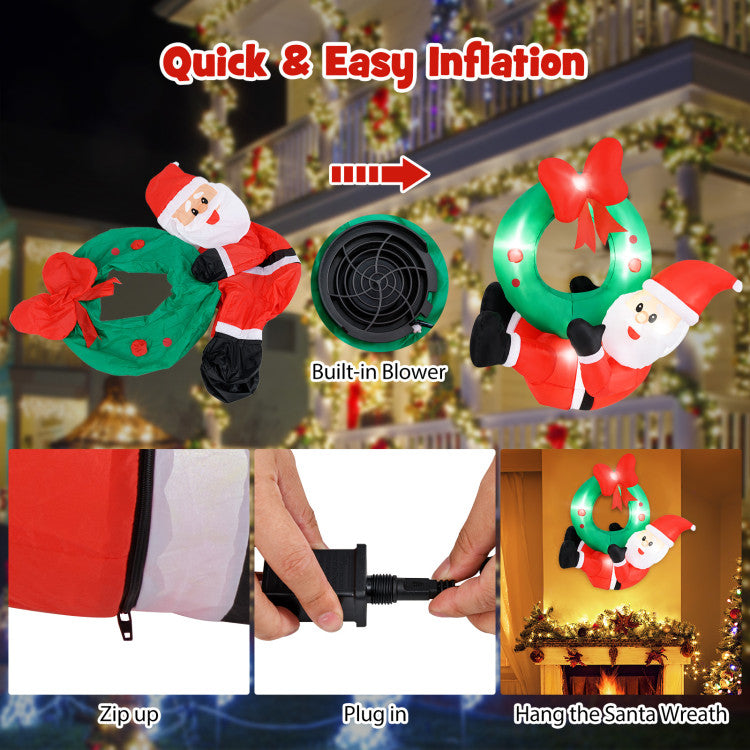 4ft Inflatable Santa Claus Wreath with Red Bow & 5 LED Lights for Holiday Decor
