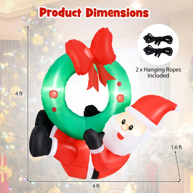 4ft Inflatable Santa Claus Wreath with Red Bow & 5 LED Lights for Holiday Decor
