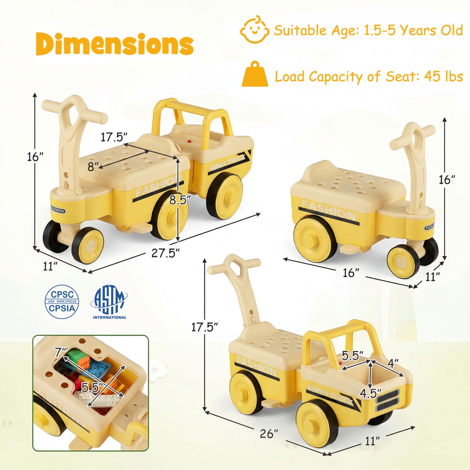 Dimensions and specifications of a yellow toy walker with wheels on a white background.