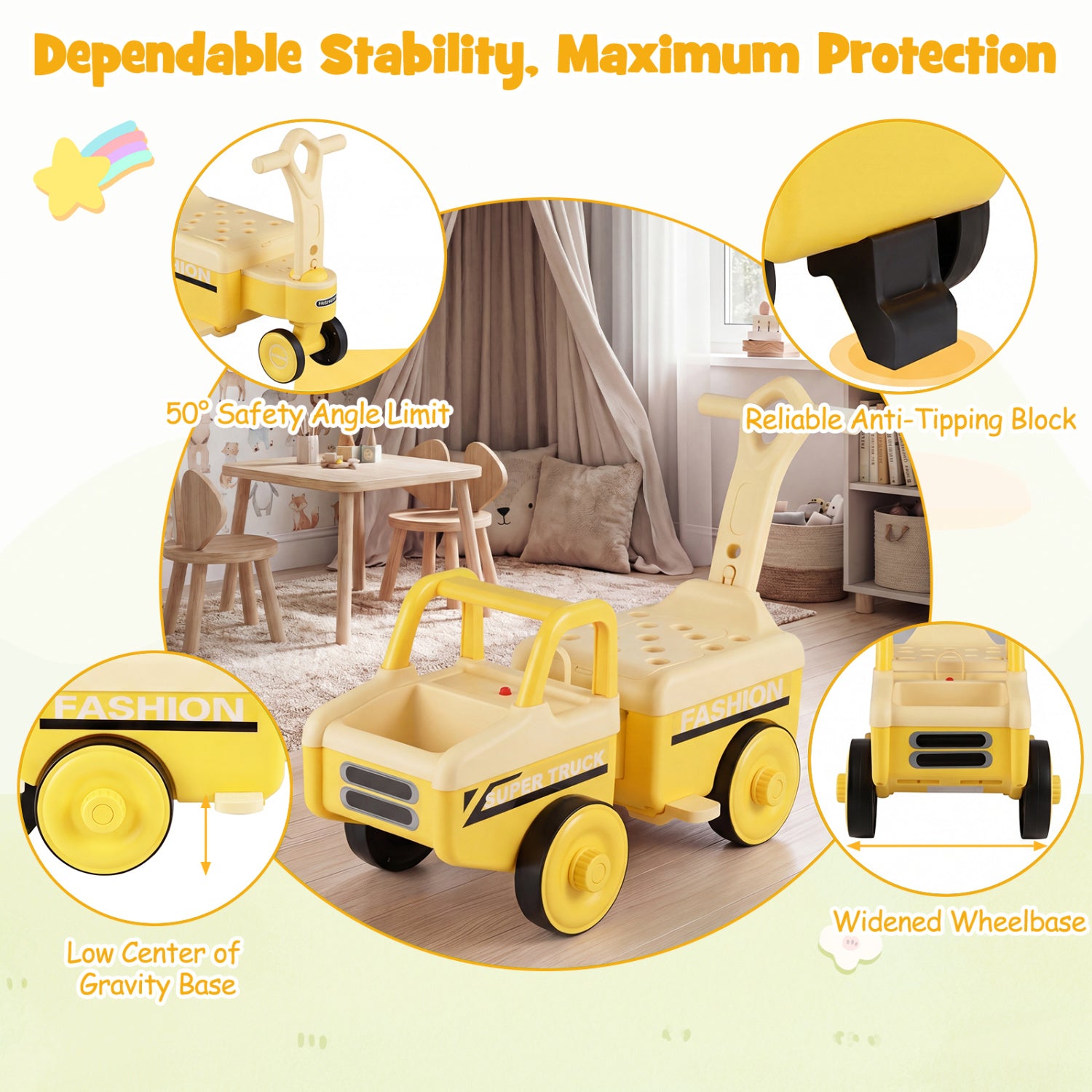 Yellow toy truck with safety features highlighted on a light green background