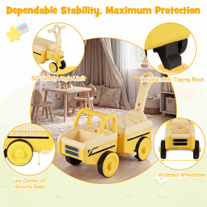 Yellow toy truck with safety features highlighted on a light green background