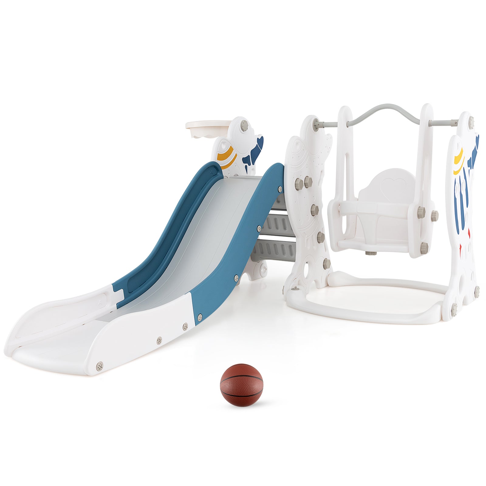 Children's playground set with slide and swing on a white background