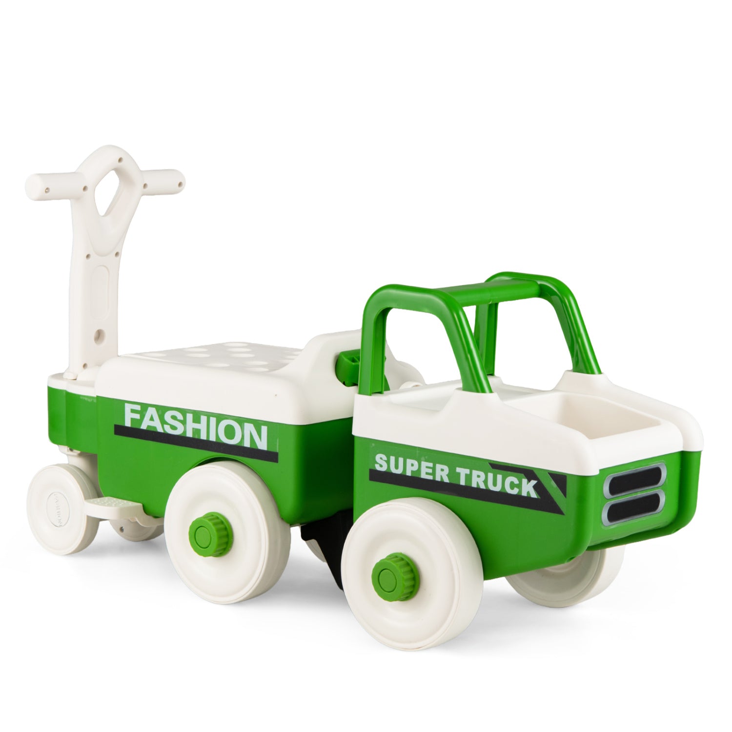 Green and white toy truck with a trailer on a white background