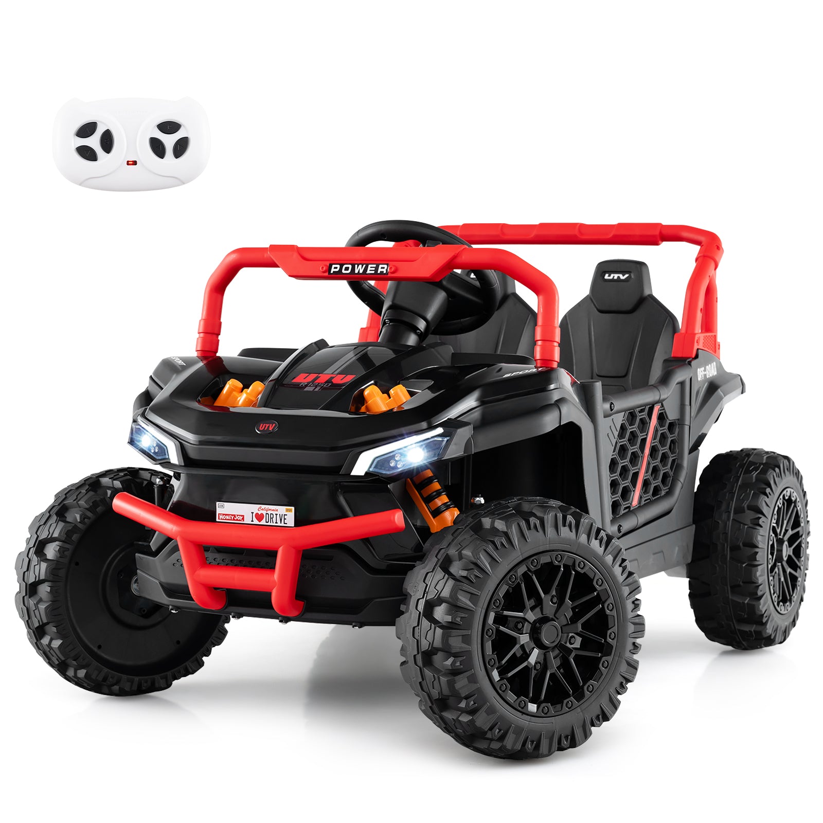 Toy off-road vehicle with red accents and a remote control on a white background