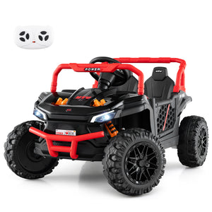 Toy off-road vehicle with red accents and a remote control on a white background