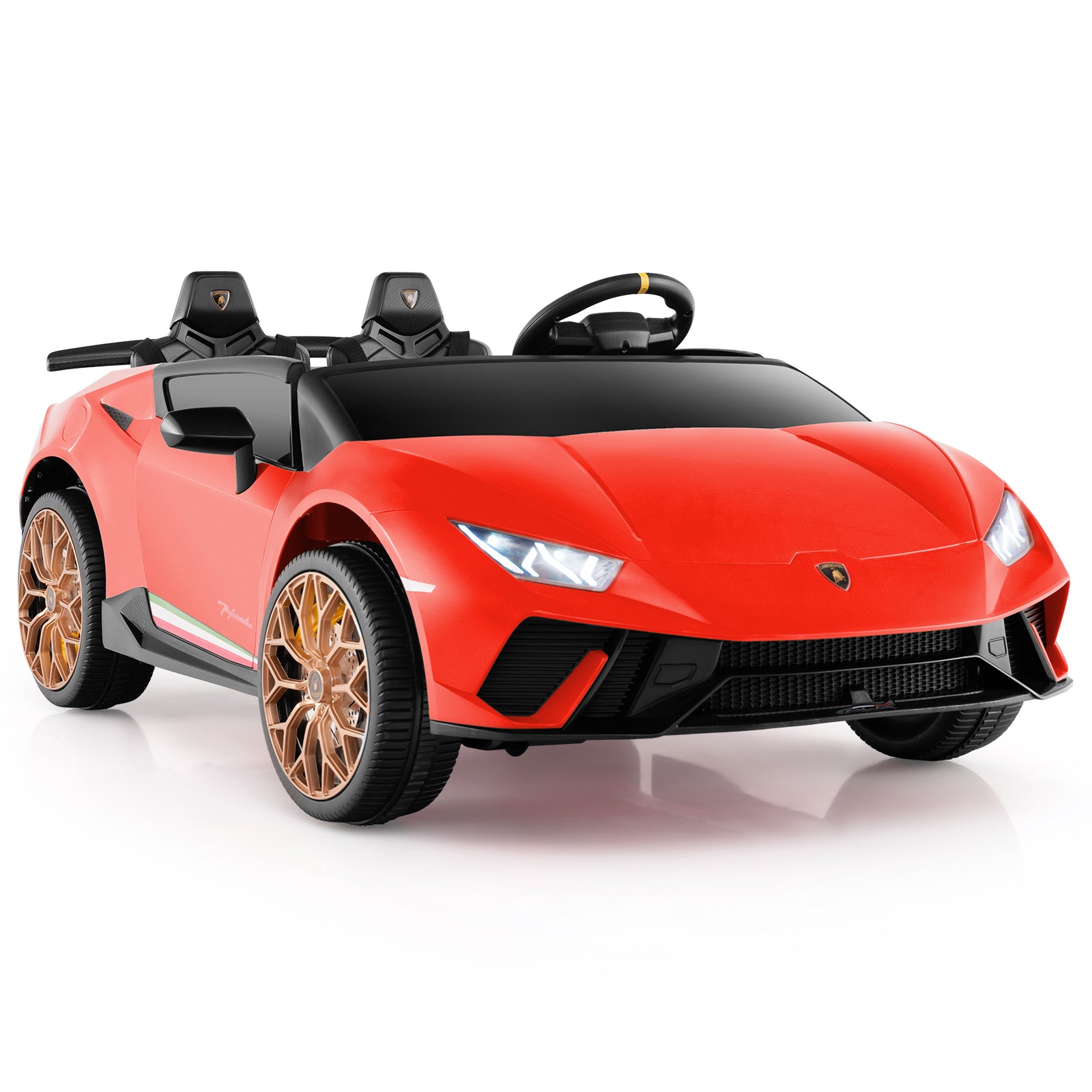 Red toy sports car with gold wheels on a white background