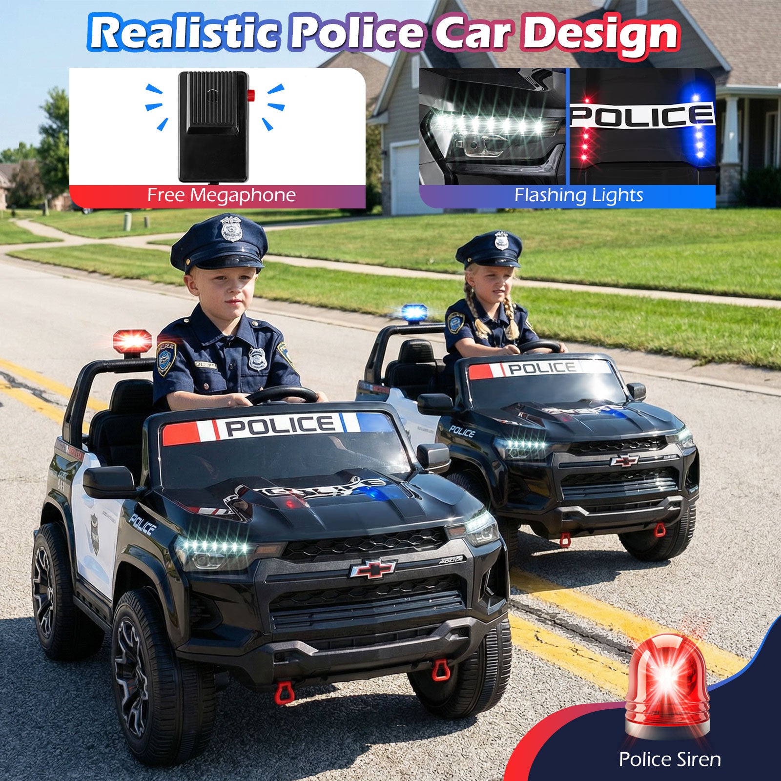 Two children in toy police cars with lights and sirens on a residential street.
