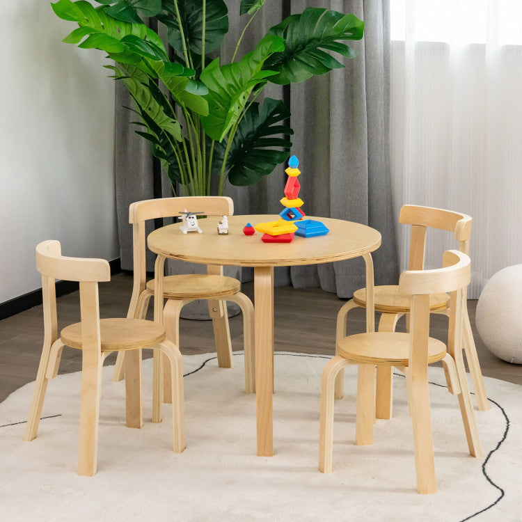 5-Piece Kids Wooden Activity Table and Chair Set with Curved Back and Toy Bricks