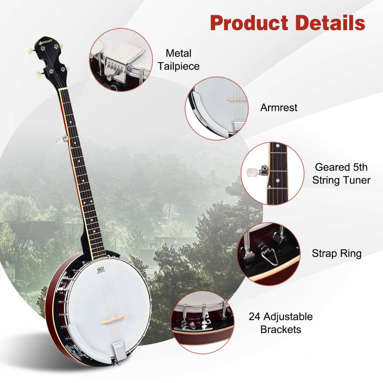 5-String Banjo with Geared Tuning & Protective Case - Perfect for All Skill Levels