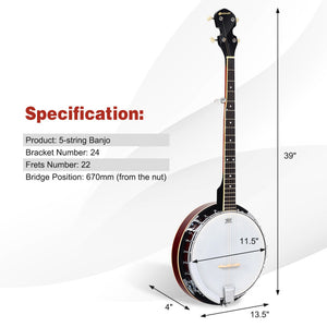 5-String Banjo with Geared Tuning & Protective Case - Perfect for All Skill Levels