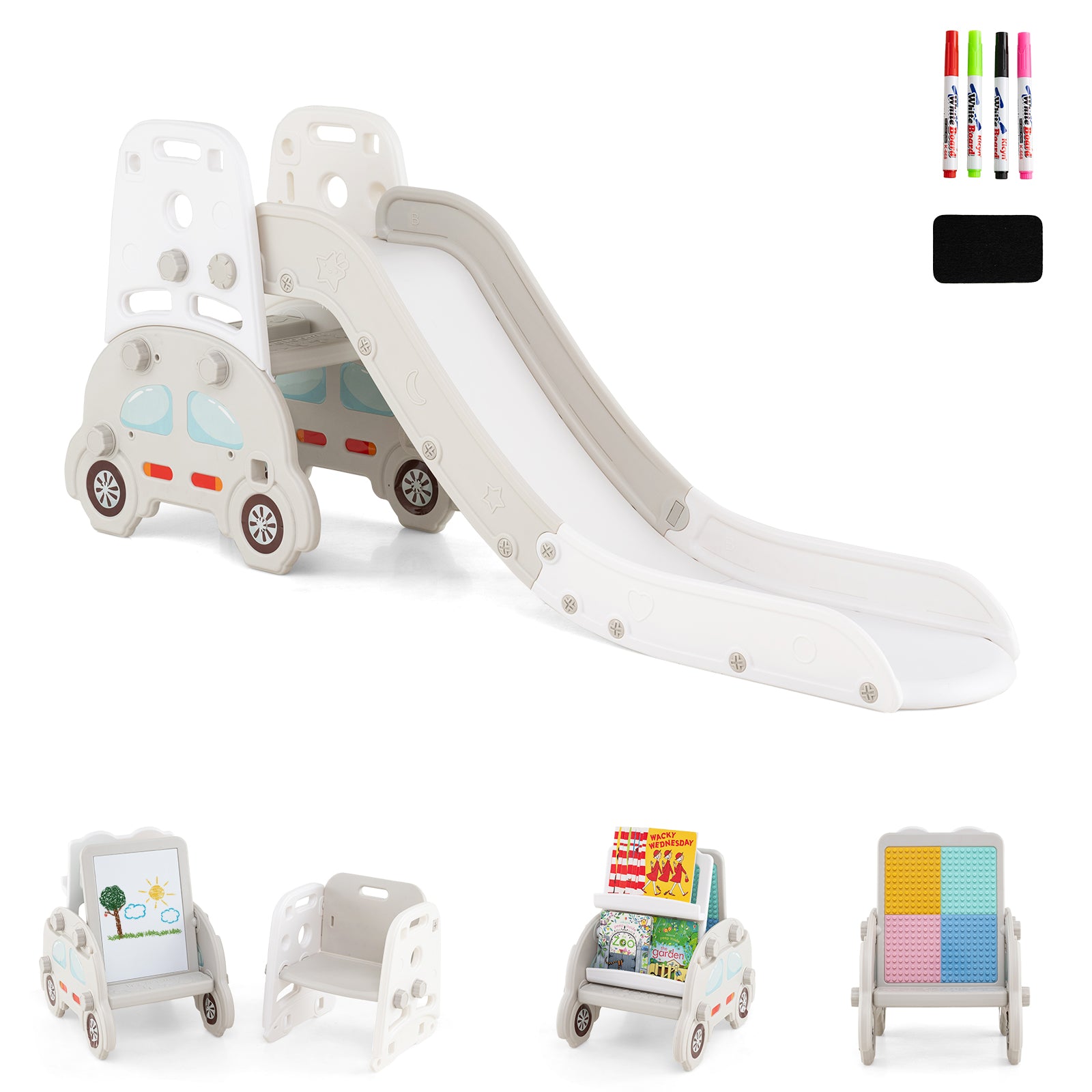 5-in-1 convertible toddler slide set with art easel, bookshelf and stool