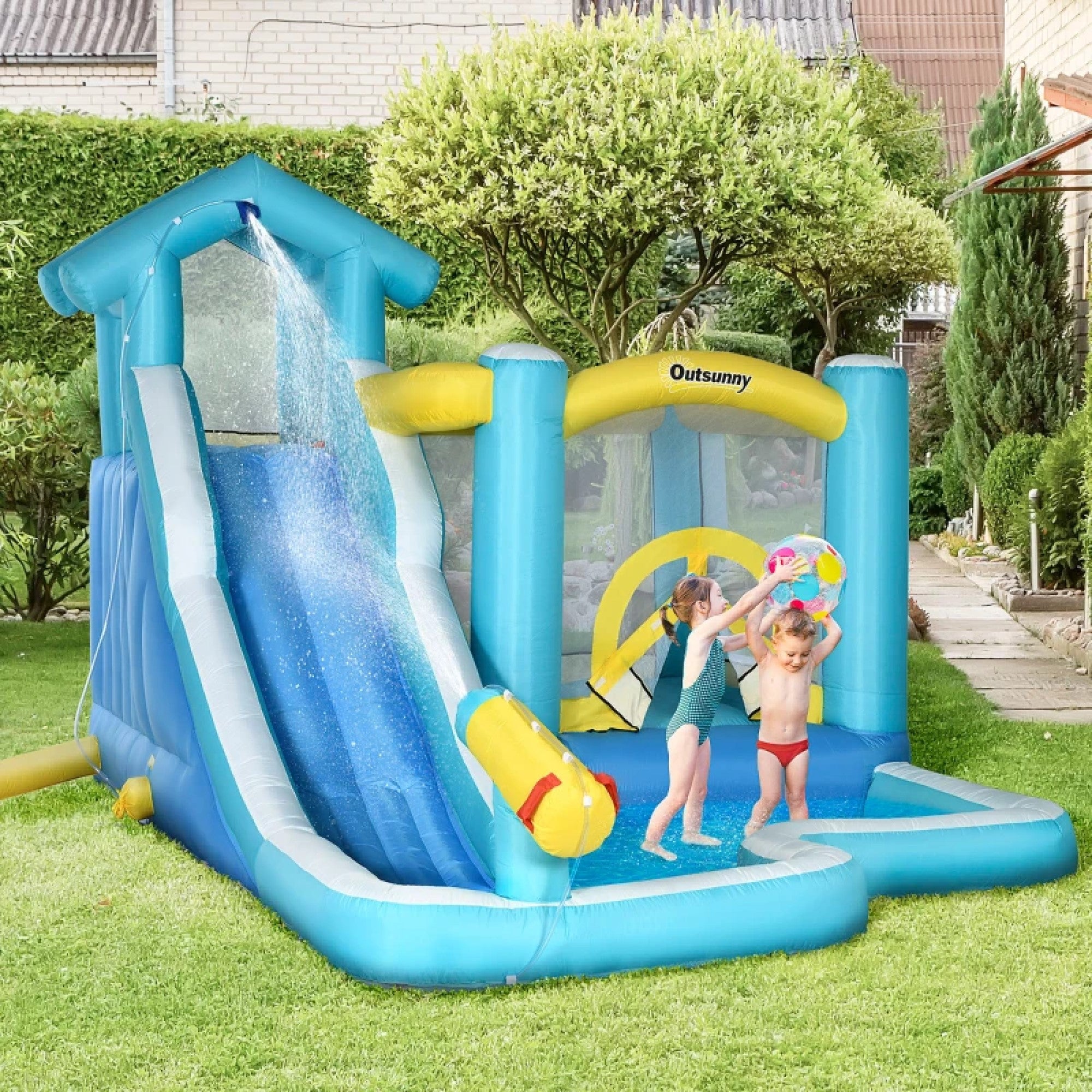 5-in-1 Inflatable Water Slide, Kids Castle Bounce House with Slide Includes Carry Bag 680W Air Blower