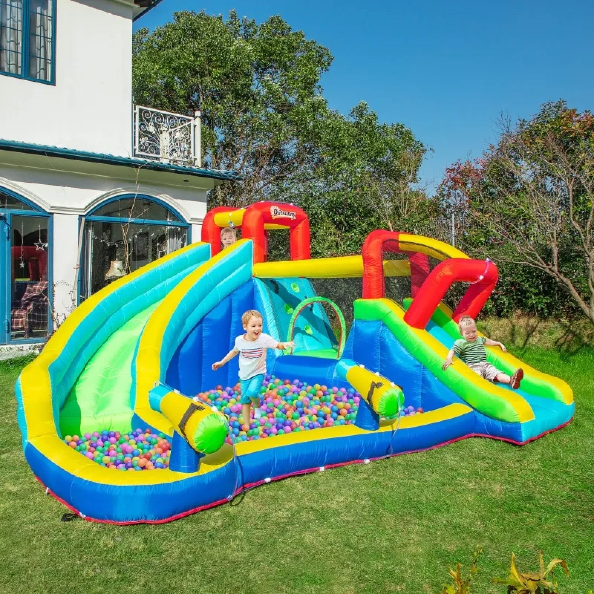 5-in-1 Inflatable Water Slide Kids Bounce House Water Park Jumping Castle Includes Trampoline Slide with Carry Bag, 450W Air Blower