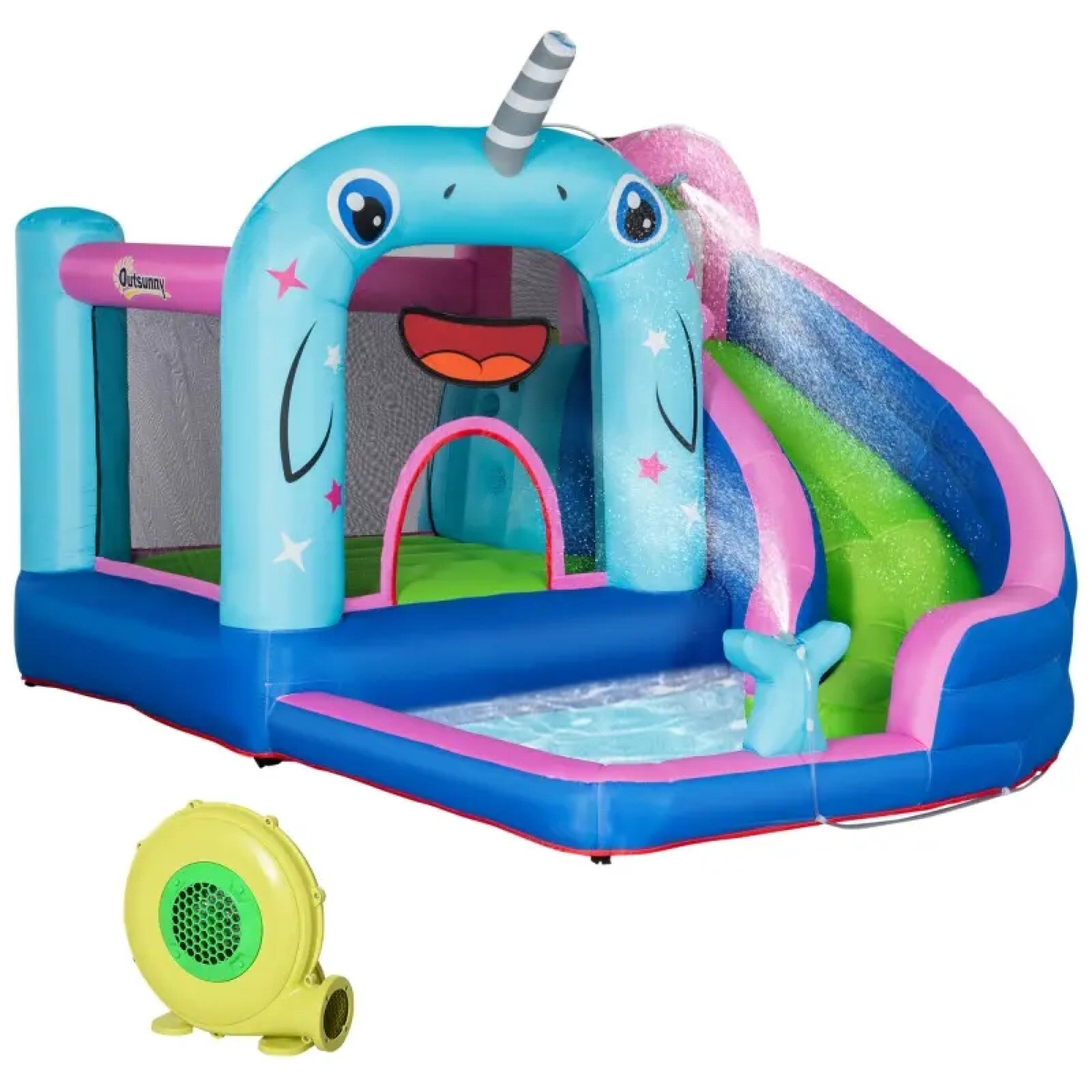 5-in-1 Inflatable Water Slide, Narwhal Theme Bounce House with Climbing Wall, and 450W Air Blower