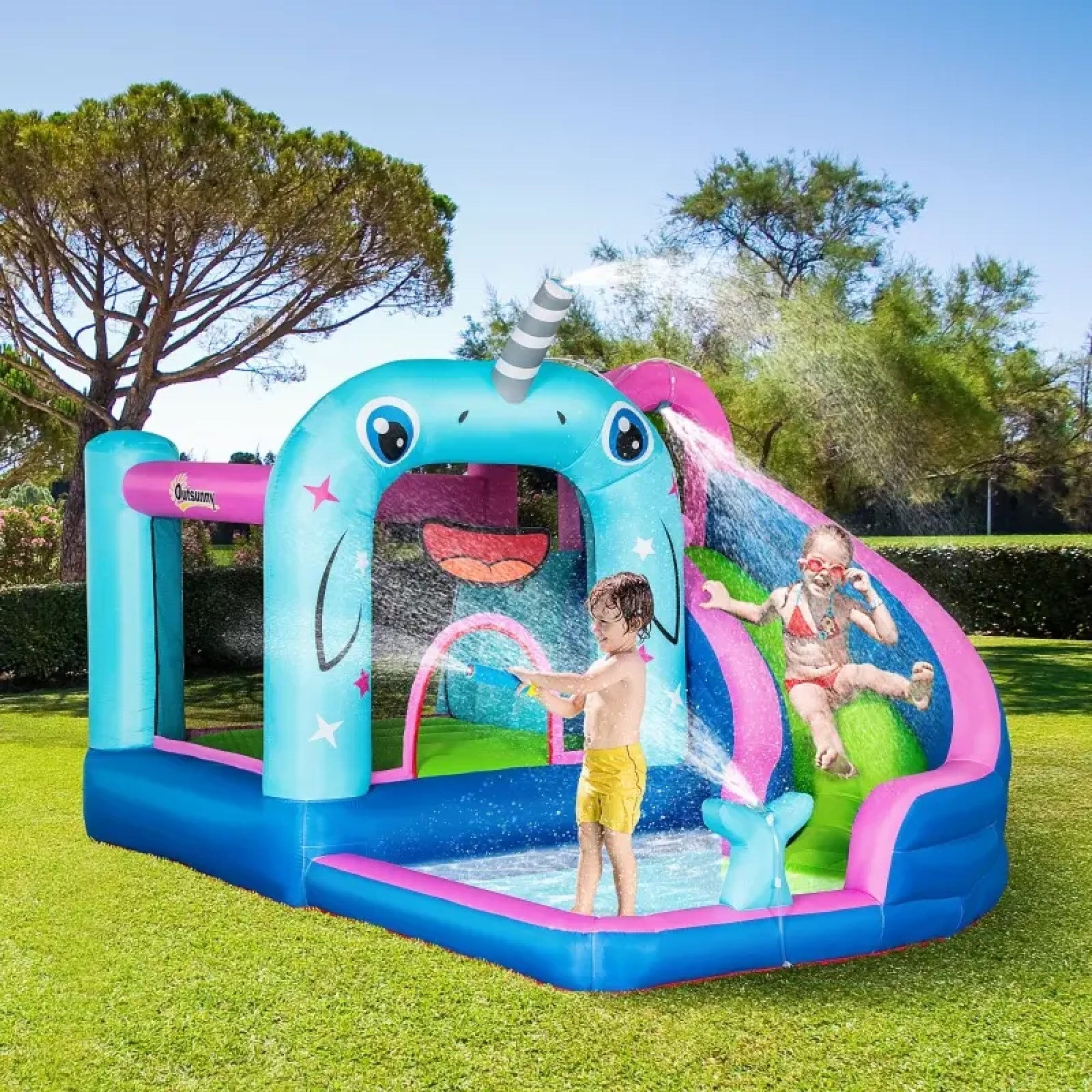 5-in-1 Inflatable Water Slide, Narwhal Theme Bounce House with Climbing Wall, and 450W Air Blower