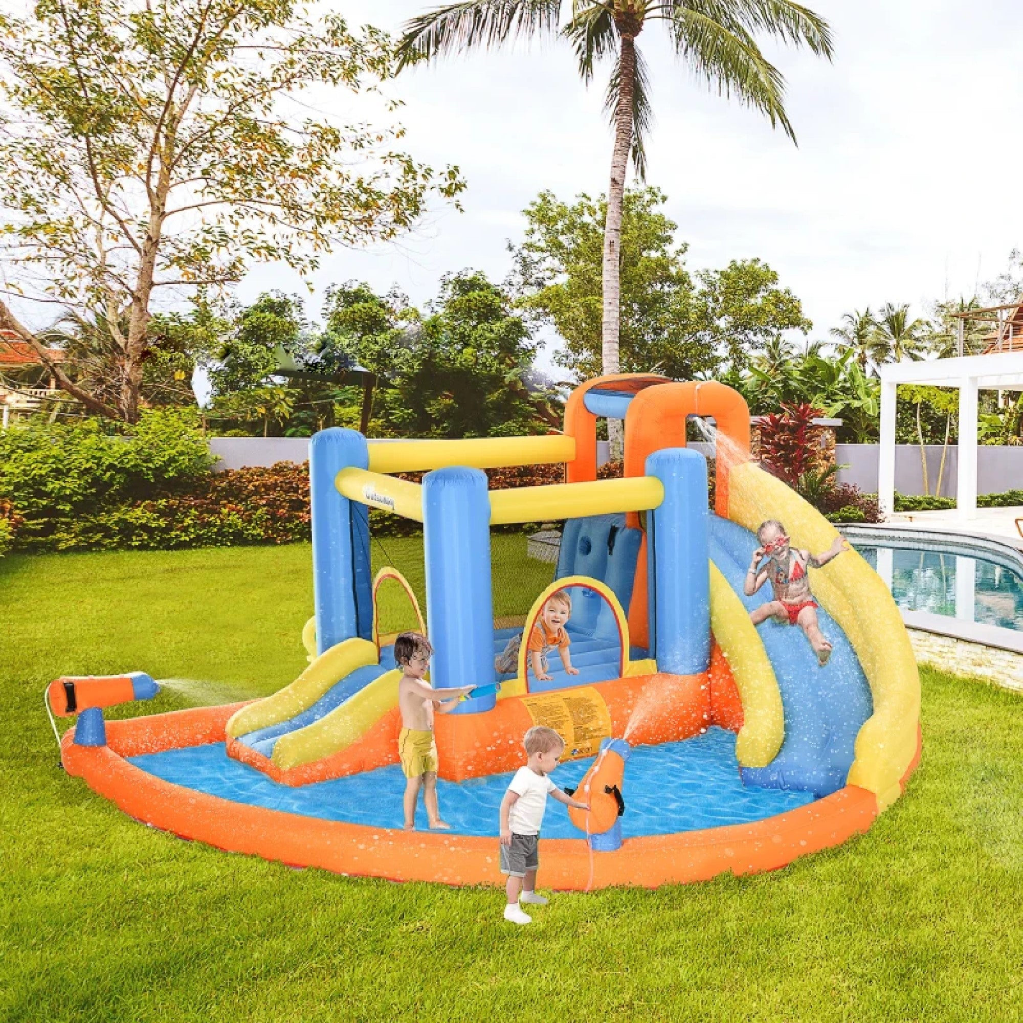 5-in-1 Kids Inflatable Bounce House Jumping Castle with Water Pool, Slide, Climbing Walls & 2 Water Guns