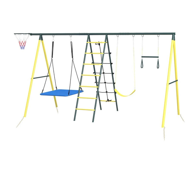 5-in-1 Metal Swing Set for Backyard, Holds 440 lbs, Ages 3-8, Yellow