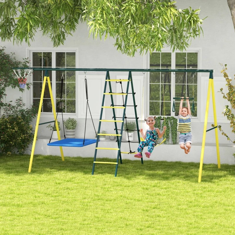 5-in-1 Metal Swing Set for Backyard, Holds 440 lbs, Ages 3-8, Yellow