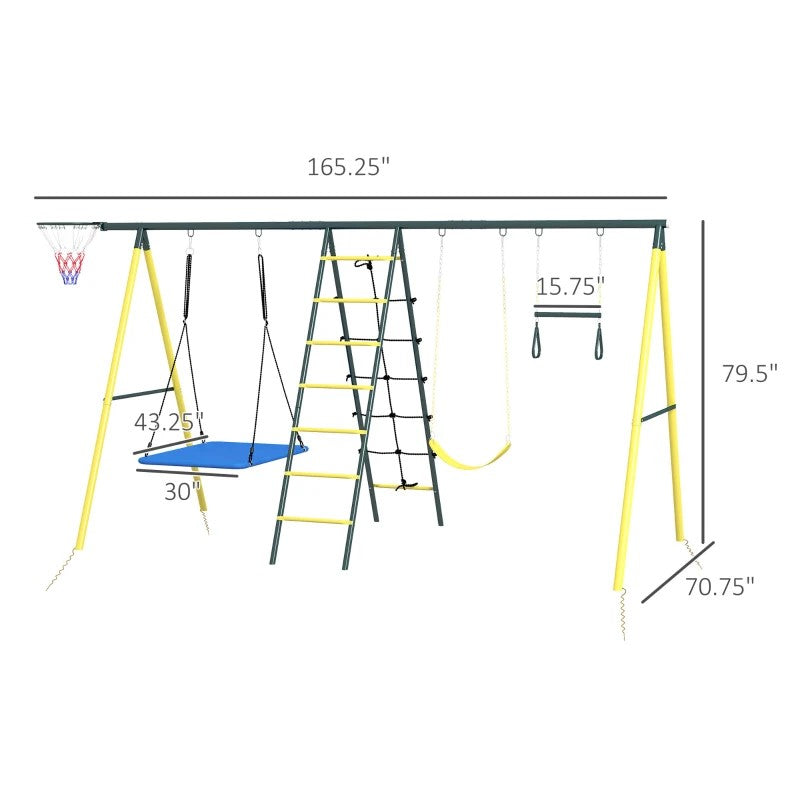 5-in-1 Metal Swing Set for Backyard, Holds 440 lbs, Ages 3-8, Yellow