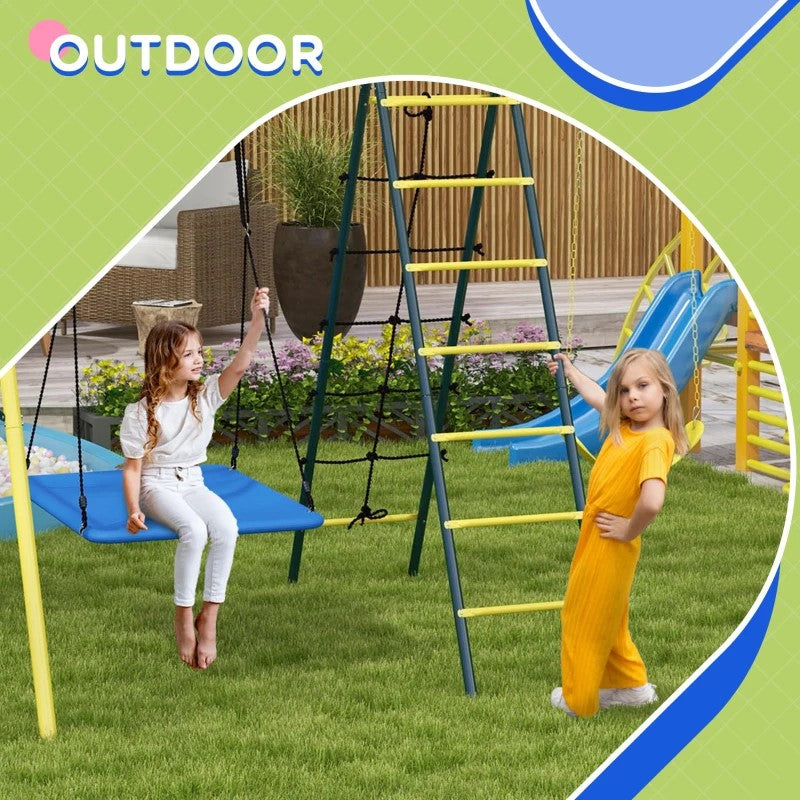 5-in-1 Metal Swing Set for Backyard, Holds 440 lbs, Ages 3-8, Yellow