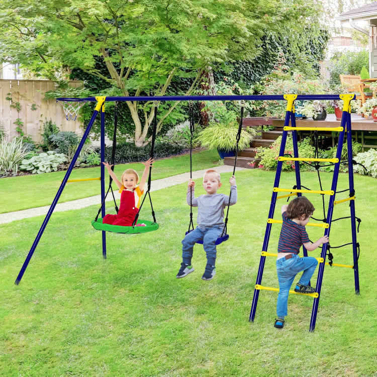 5-in-1 Outdoor Kids Swing Set with Sturdy Metal Frame and Secure Ground Stakes