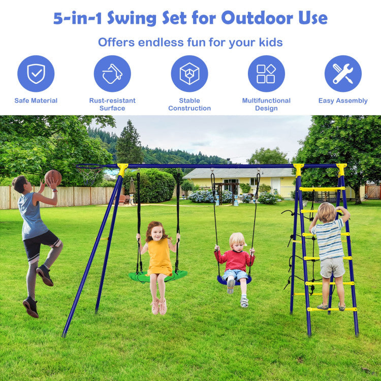 5-in-1 Outdoor Kids Swing Set with Sturdy Metal Frame and Secure Ground Stakes