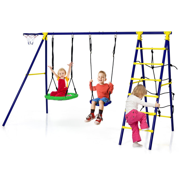 5-in-1 Outdoor Kids Swing Set with Sturdy Metal Frame and Secure Ground Stakes