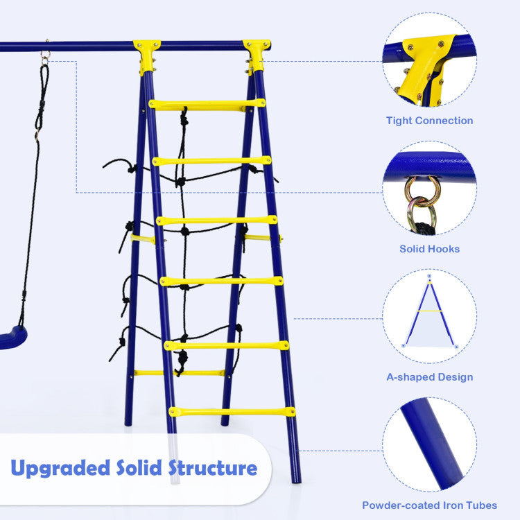 5-in-1 Outdoor Kids Swing Set with Sturdy Metal Frame and Secure Ground Stakes