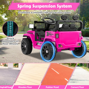 Pink toy jeep with spring suspension system features on a road surface.