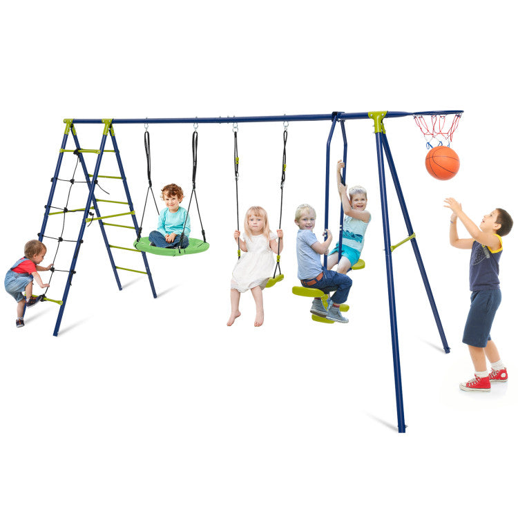 550 lbs 6-in-1 Kids Patio Swing Set with Climbing Net, Ladder, and Slide