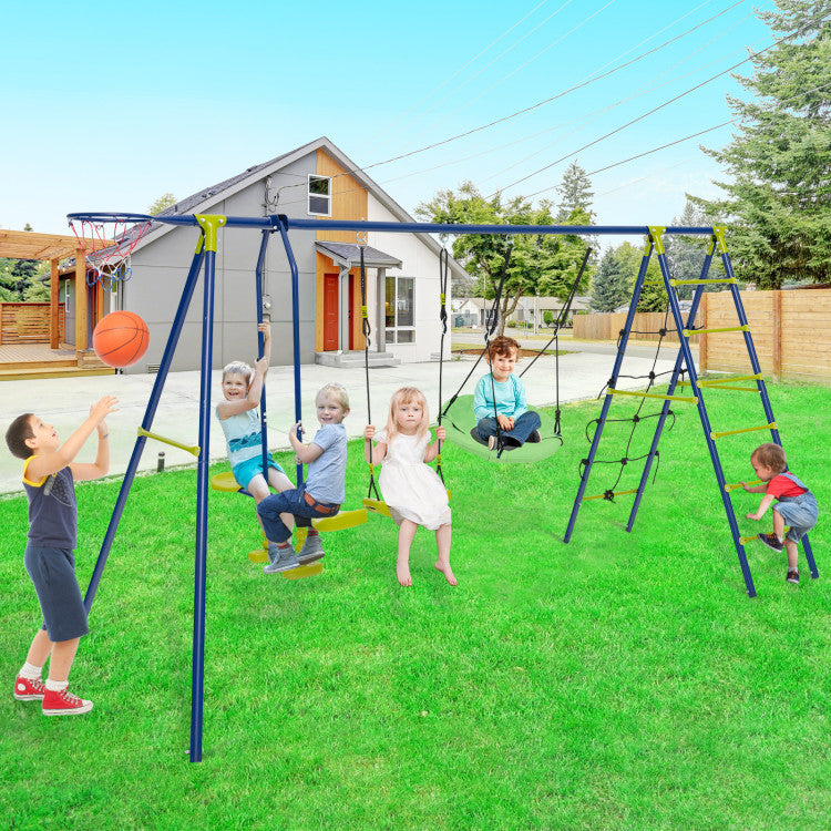 550 lbs 6-in-1 Kids Patio Swing Set with Climbing Net, Ladder, and Slide