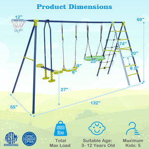 550 lbs 6-in-1 Kids Patio Swing Set with Climbing Net, Ladder, and Slide