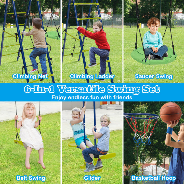 550 lbs 6-in-1 Kids Patio Swing Set with Climbing Net, Ladder, and Slide