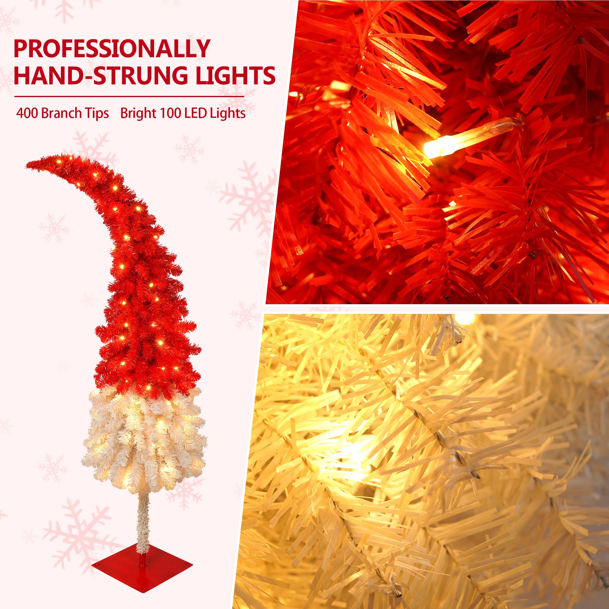 5FT Hinged Fir Artificial Christmas Tree, Bendable Santa Hat Style Xmas Decoration, 400 Branch Tips, 100 LED Lights