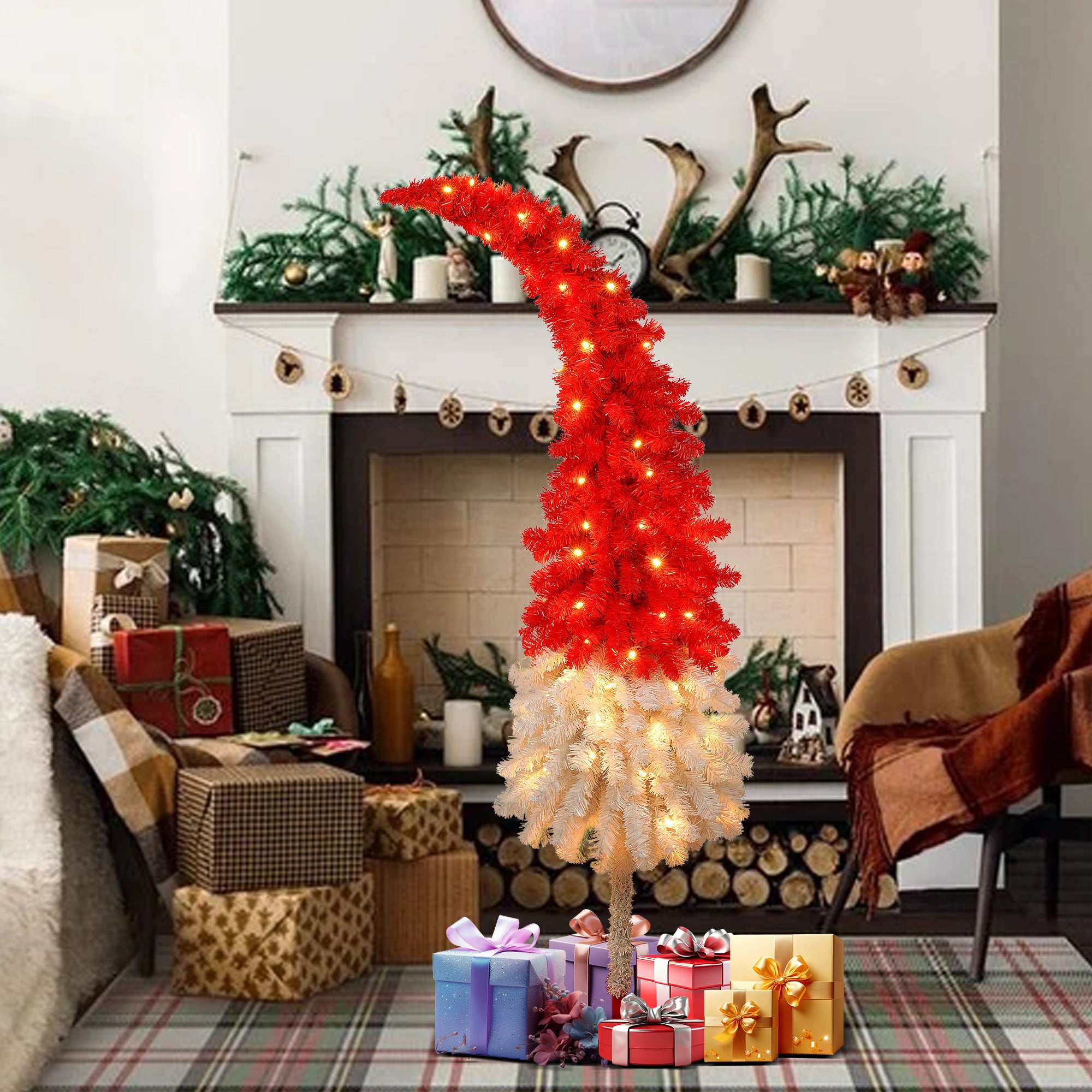 5FT Hinged Fir Artificial Christmas Tree, Bendable Santa Hat Style Xmas Decoration, 400 Branch Tips, 100 LED Lights