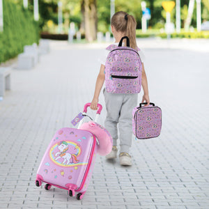 5-Piece Kids Luggage Set Suitcase: Backpack, Neck Pillow, Name Tag & Lunch Bag