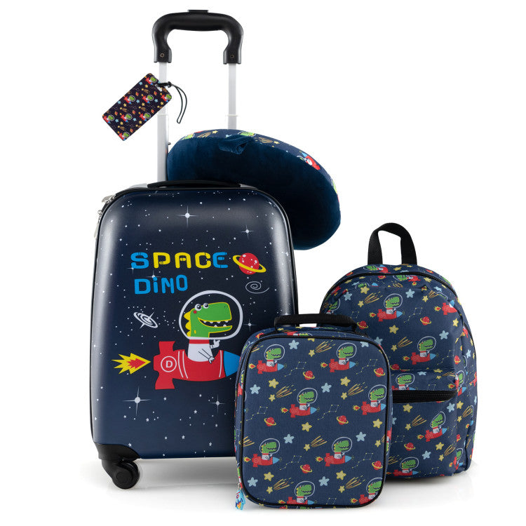 5-Piece Kids Luggage Set Suitcase: Backpack, Neck Pillow, Name Tag & Lunch Bag