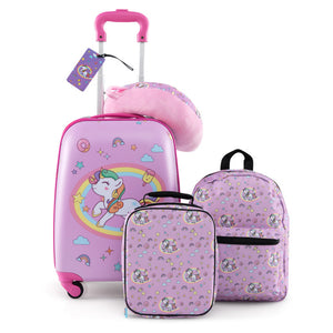 5-Piece Kids Luggage Set Suitcase: Backpack, Neck Pillow, Name Tag & Lunch Bag