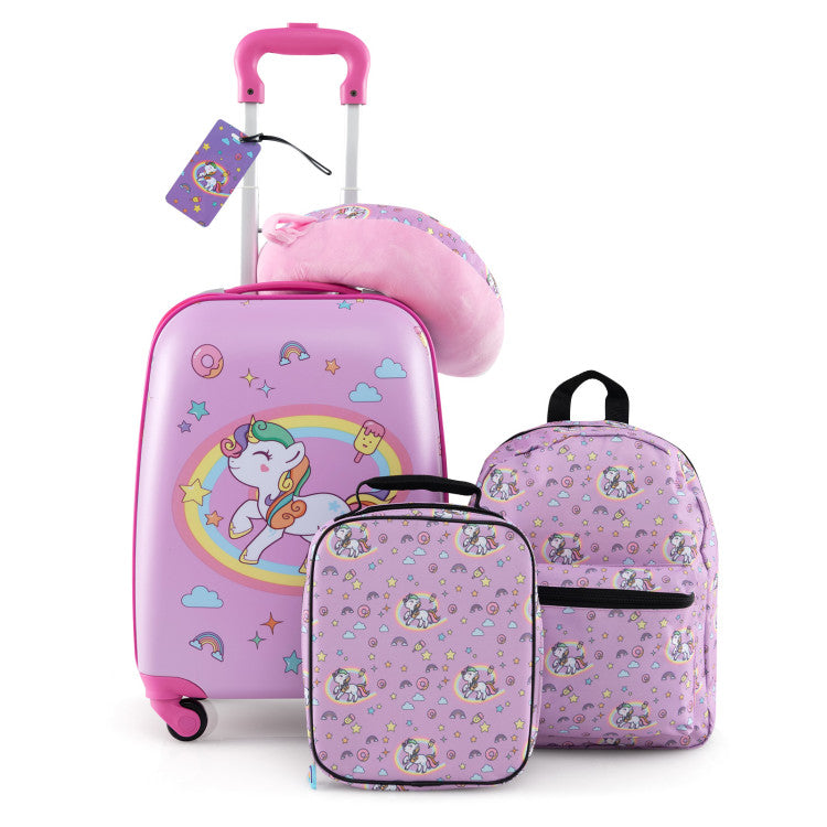 5-Piece Kids Luggage Set Suitcase: Backpack, Neck Pillow, Name Tag & Lunch Bag