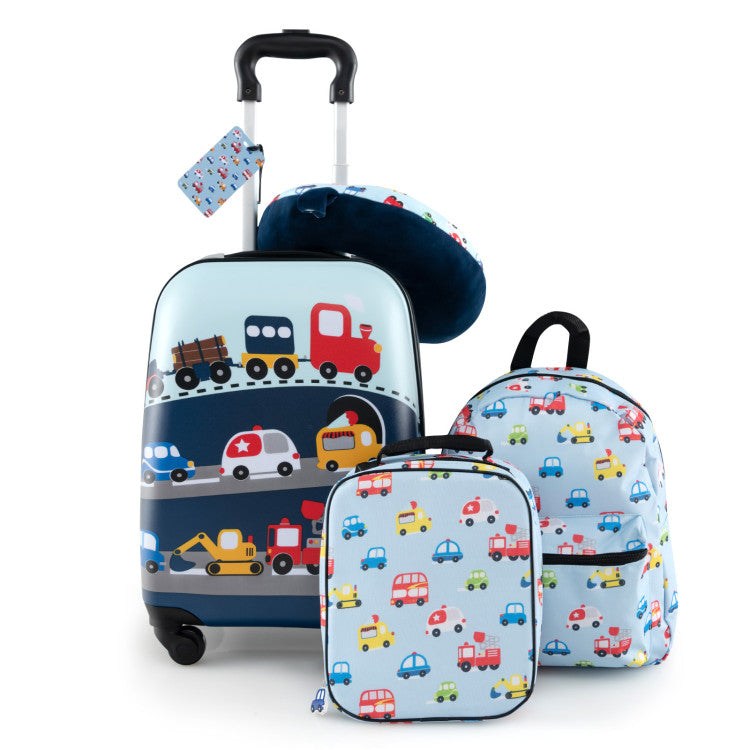 5-Piece Kids Luggage Set Suitcase: Backpack, Neck Pillow, Name Tag & Lunch Bag