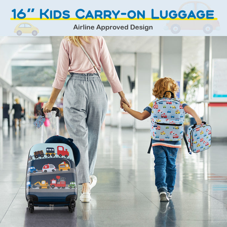 5-Piece Kids Luggage Set Suitcase: Backpack, Neck Pillow, Name Tag & Lunch Bag