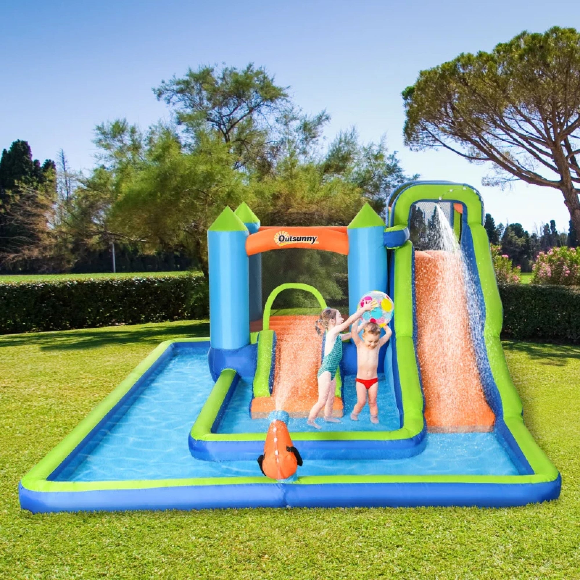 5 in-1 Kids Bounce House with Two Slides, Pool, Trampoline, Climbing Wall, Inflatable Water Slide with Blower, Carrying Bag