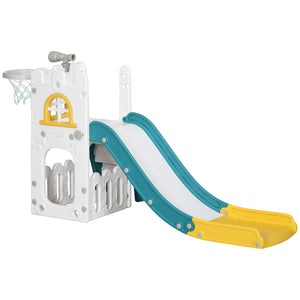 Children's play slide with basketball hoop on a white background