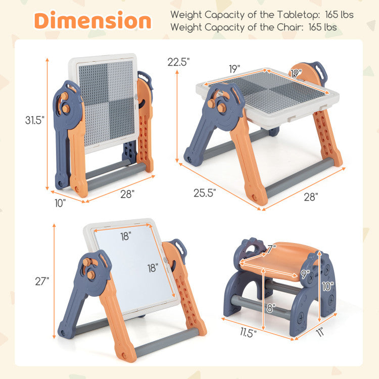 6-In-1 Folding Kids' Art Easel with Reversible Building Block Tabletop & Storage